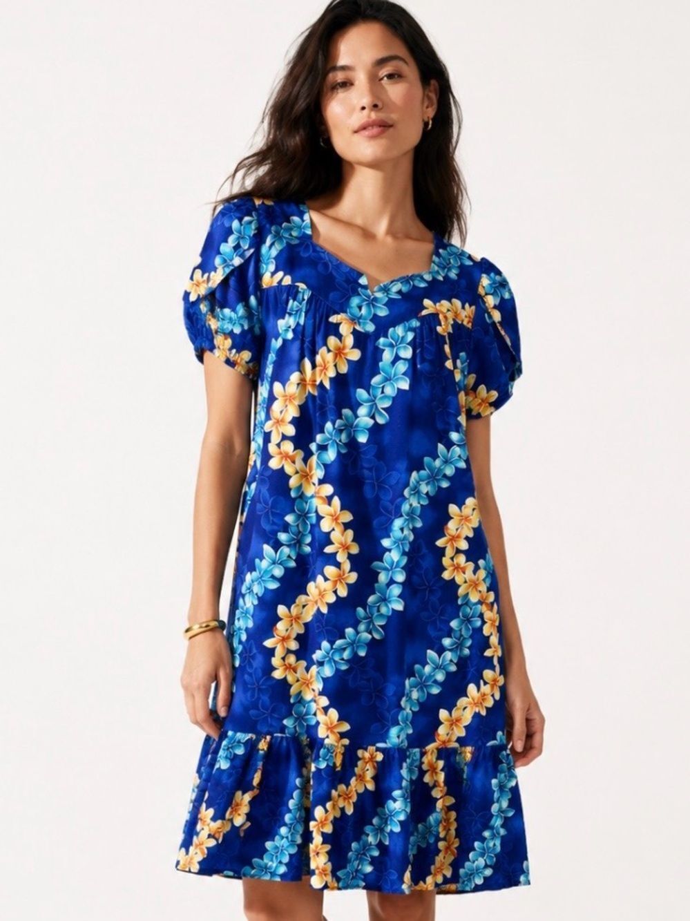 VINTAGE HAWAII Tropical Vacation 100% Cotton Floral Puff-Sleeve V-Neck Dress